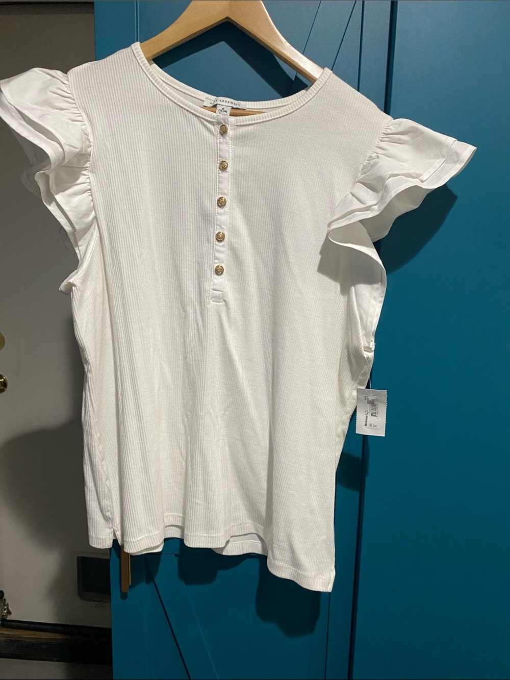 Women’s White Short Sleeve Ruffle Henley Tee